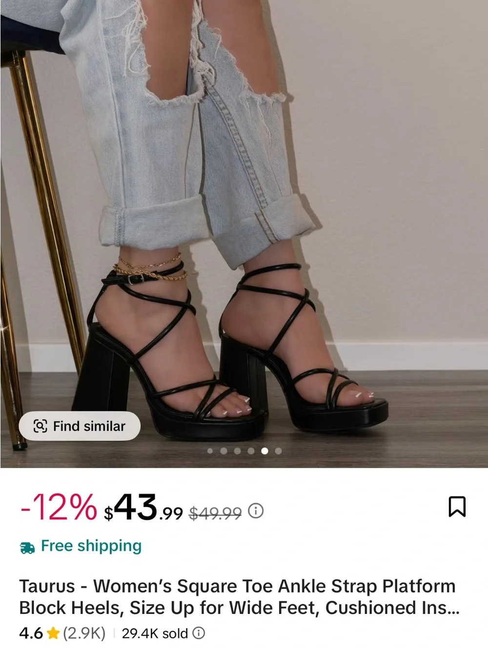 Women's Black Square Toe Ankle Strap Platform Block Heels